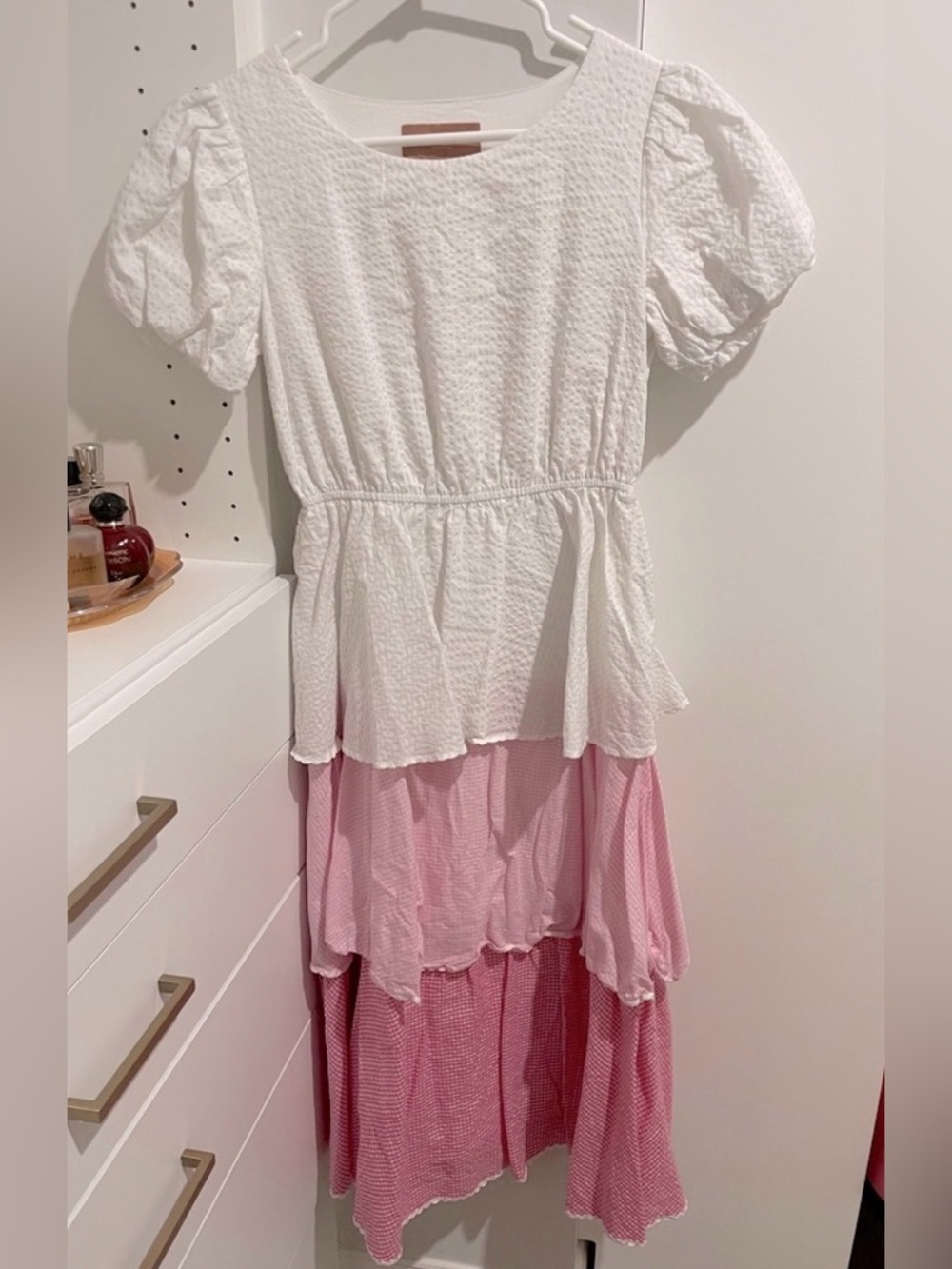 JessaKae White and Pink Tiered Midi Dress